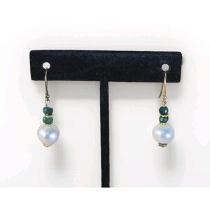 Stauer Pearl Emerald Stone Sterling Drop Earrings Dangle Gold Plated NWT New Bag